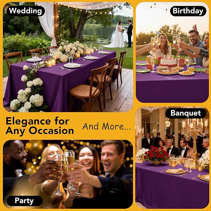 6-Pack Purple Tablecloths for Square Tables, 70 x 70 Inches, Stain-Resistant Polyester Fabric for 3 Foot Tables - Washable Table Covers for Weddings, Banquets, Birthday Parties, Events