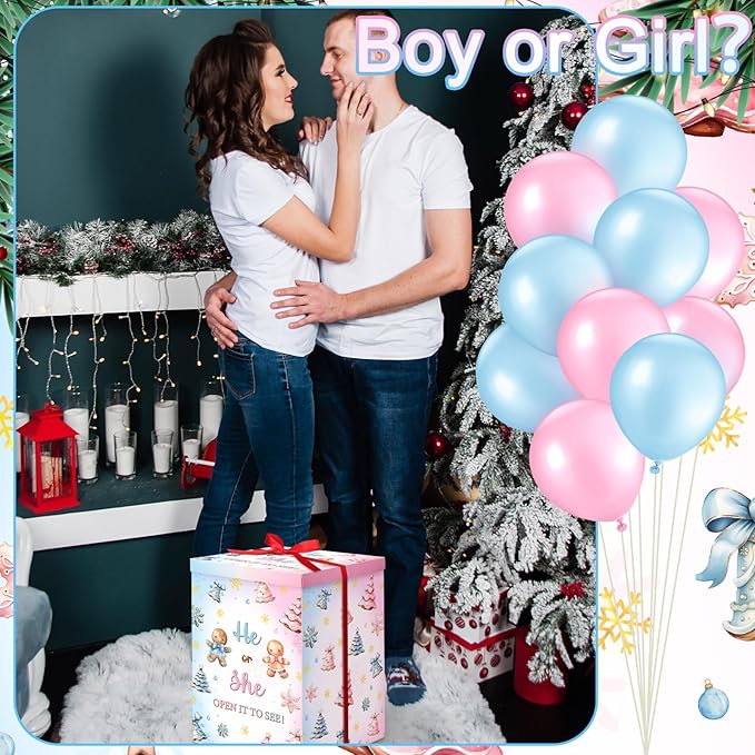 Hungdao Gender Reveal Balloon Box with Ribbon and 10 Pink and Blue Balloons Gender Reveal Games He or She Open to See for Party Decoration 12"x12"x16" (Gingerbread and Trees)