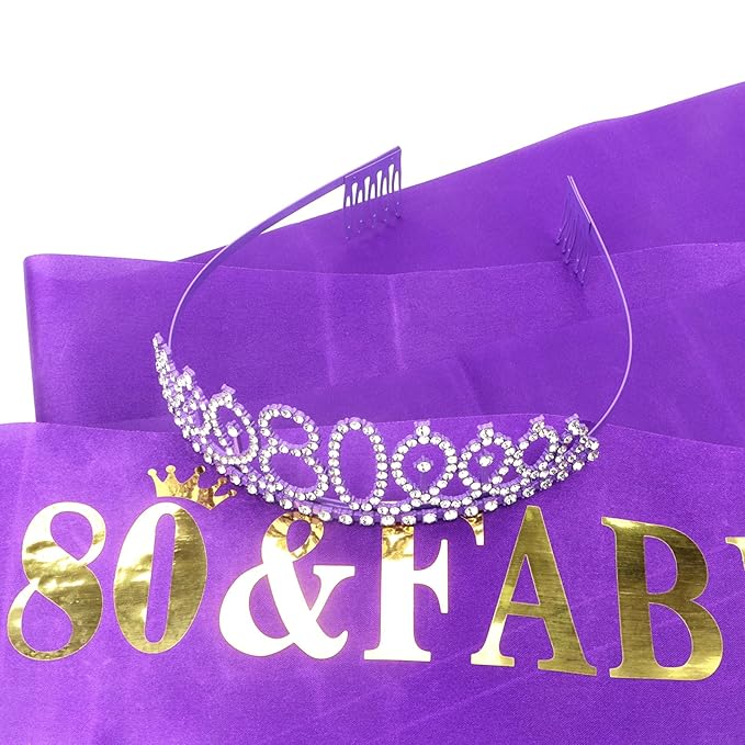 Casoty Purple 80th Birthday Sash and Tiara, 80th Birthday Decorations for Women, 80 & Fabulous Sash and Crown Set, Party Supplies Favors for Women Gifts for Her