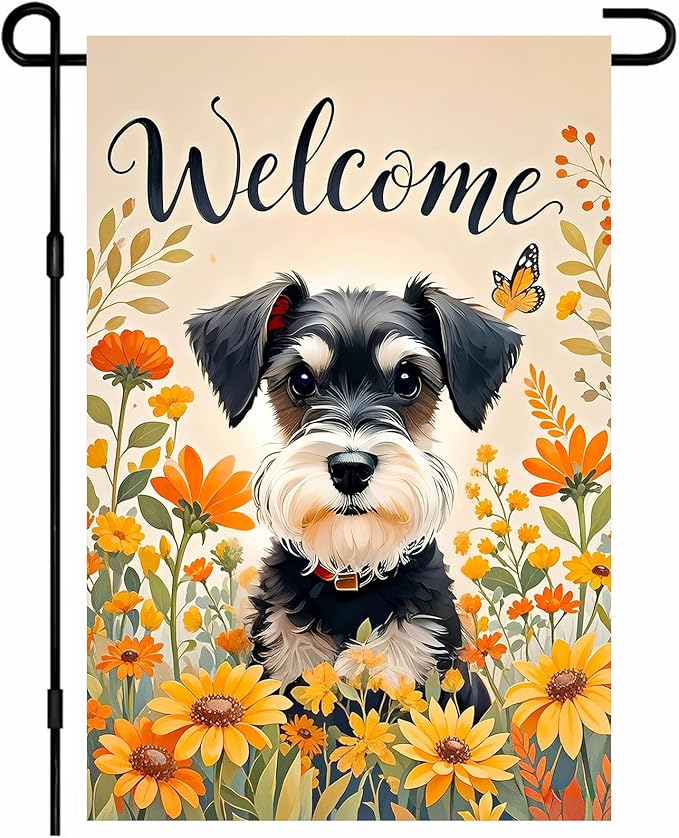 BlissYard Thanksgiving Fall Garden Flag 12x18 Inch Welcome Schnauzer Dog Outdoor Flag Double Sided Yard Banner with Orange Wildflowers and Butterfly for Porch Lawn Patio Fall Harvest Decor