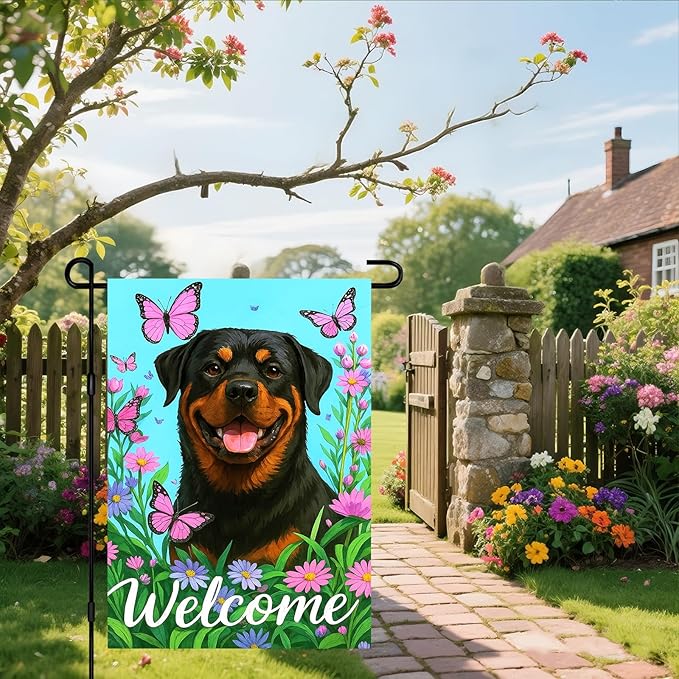 IVN Welcome Dog Garden Flag 12x18 Inch Double Sided Rottweiler Butterfly Flower Outdoor Yard Flag for Home Front Door Lawn Porch Summer Decor
