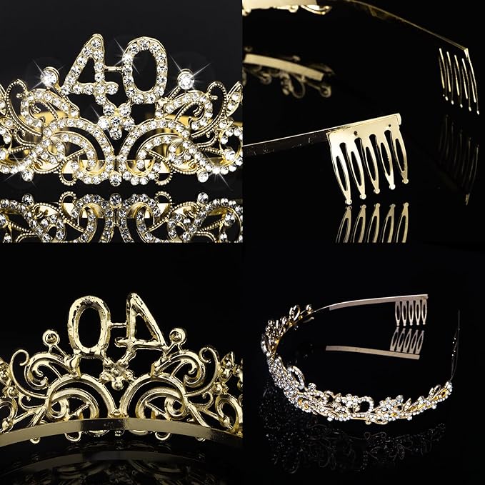 CIEHER 40th Birthday Crown + 40 & Fabulous Birthday Sash + Pearl Pin Set, Gold 40th Birthday Tiara, 40th Birthday Gifts Women Friends, 40th Birthday Decorations for Women