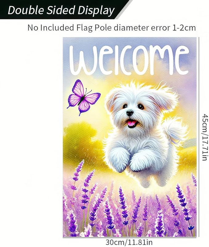BlissYard Welcome Spring Summer Garden Flag Maltese Dog Floral Welcome Garden Flag 12x18 Inch Double Sided Yard Flags Spring Outdoor Decorative Flags for Lawn Patio Porch