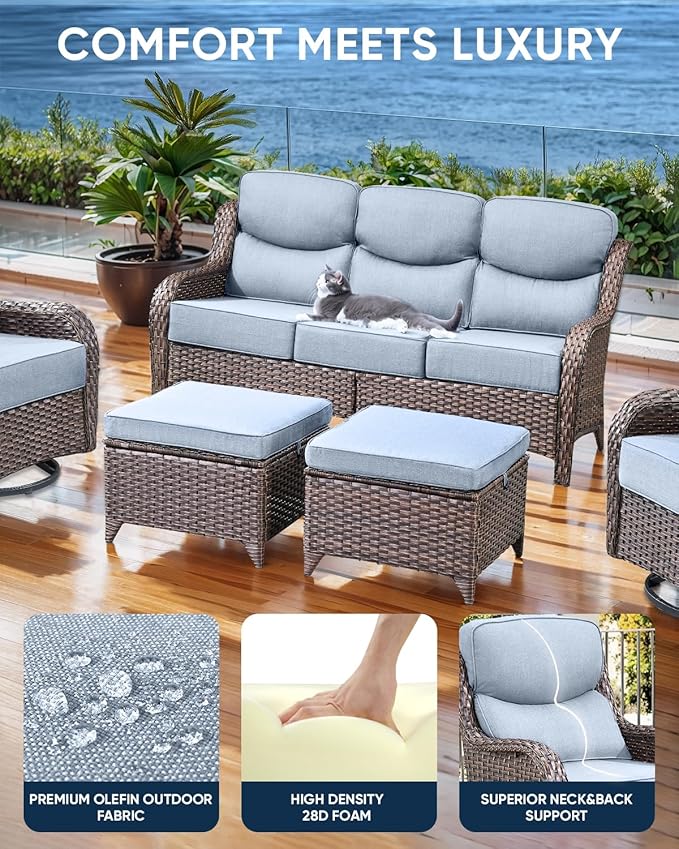 Luxury 24x24x6 Inch Smile Patio Cushions for Outdoor Furniture Set of 6 - Thick Back & Deep Seat Outside Replacement Chair Pillows for Rattan Glider Loveseat Sectional Sofa - Baby Blue