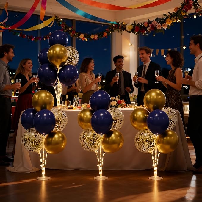 6 Set Balloon Stand Table Centerpieces with LED Lights for Party Decor, Balloons Centerpieces for Table, Balloon Stand Kit for Graduation Decorations 2025, Weddings, Birthday Decoration (Gold & Navy)