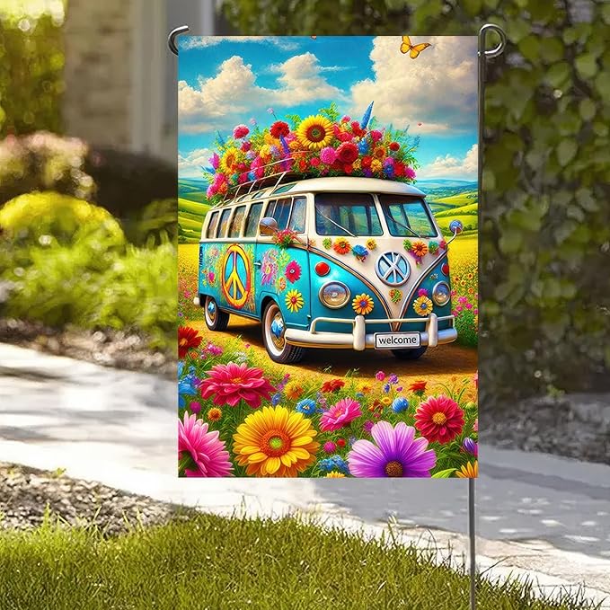HOMETITUTE Welcome Spring Garden Flag Floral Bus with Butterfly Double Sided 12x18 Inch Spring Summer Garden Flag Outdoor Yard Flags for Lawn Porch Patio House Decoration