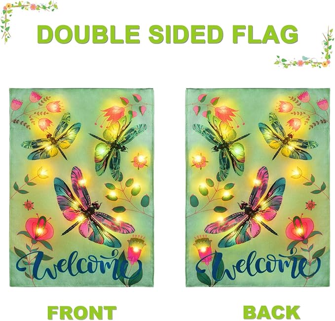 Spring Garden Flag 12×18 Double Sided, 8 Modes Lighted Dragonfly Flag, Welcome Garden Flag for Outside, LED Small Flag for Yard and Garden Decor in Spring