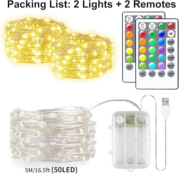 StarryEver 33ft 100LED Fairy Lights Battery Operated, 2 Pack 16.5ft 16 Color Changing String Lights with Remote Timer, RGB Waterproof Twinkle Lights for Indoor Outdoor Room Garden Yard Decor