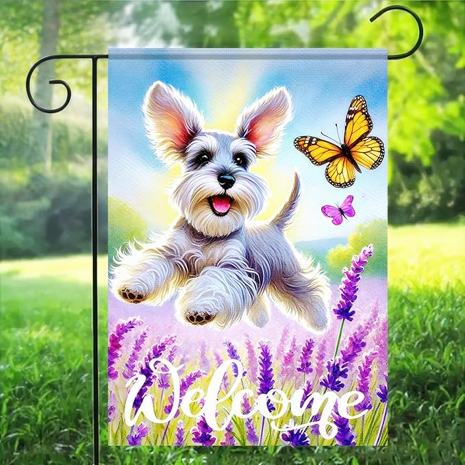BlissYard Spring Garden Flag Welcome Garden Flag Spring Summer Dog Flags 12x18 Inch Double Sided Schnauzer Puppy Lavender Florals Butterfly Outdoor Yard Lawn Porch Decor Banner