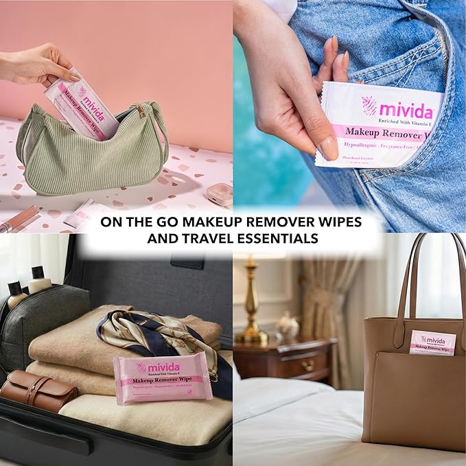 mivida 60 Count Individually Wrapped Makeup Remover Wipes With Vitamin E | Fragrance-Free, Alcohol-Free Hypoallergenic single make up removing wipes | Hotel Travel Size Toiletries
