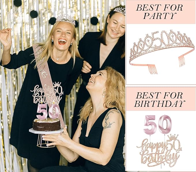 50th Birthday Gifts Decorations for Women, Including 50th Cake Toppers, Birthday Queen Sash with Pearl Pin, Sweet Rhinestone Tiara Crown, Number Candles and Balloons Set, Rose Gold
