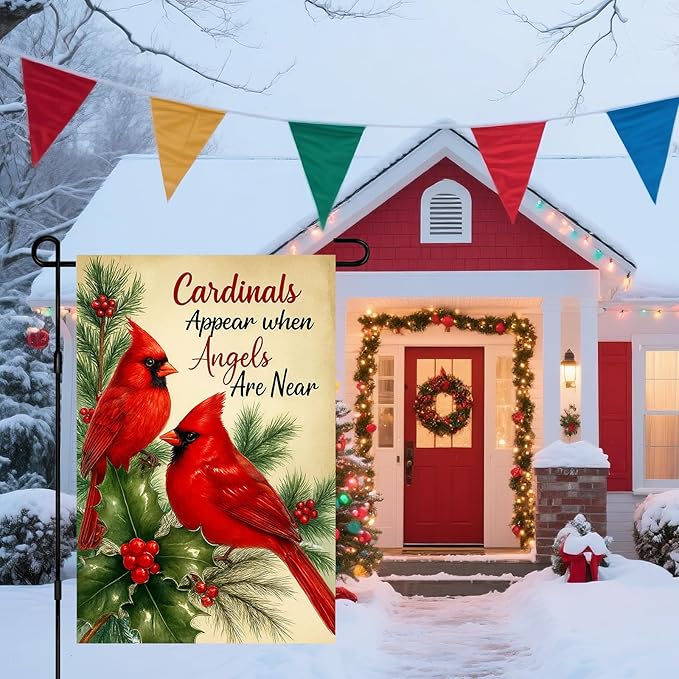 IVN Christmas Garden Flag 12x18 Inch Double Sided Red Bird Pine Holly Angels Are Near Outdoor Yard Flag for Outside Front Door Lawn Porch Patio Welcome Decor