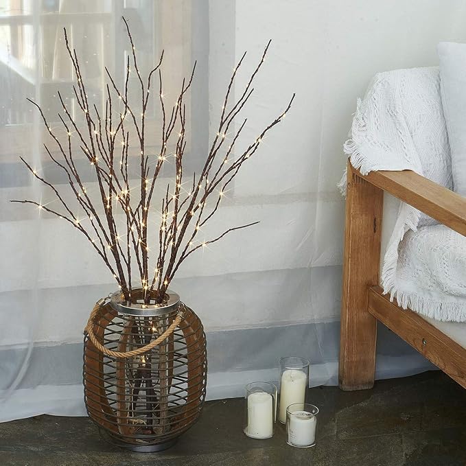Fudios Branch Lights Plug in with Timer Willow Branches with Lights for Vase Twig 32IN 150 LED Outdoor and Indoor Holiday Party Decor 2Set Brown