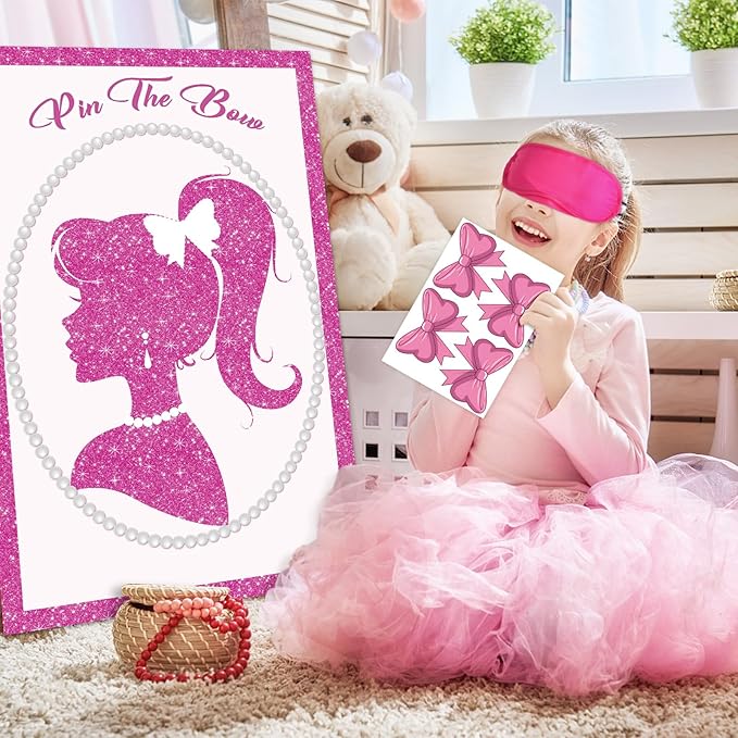 Hooqict Pink Girl Party Games for Kids Birthday Pin The Bow Sticker on The Head Pink Girl Princess Party Game Birthday Party Decorations, Large Poster with 40 Bow Stickers