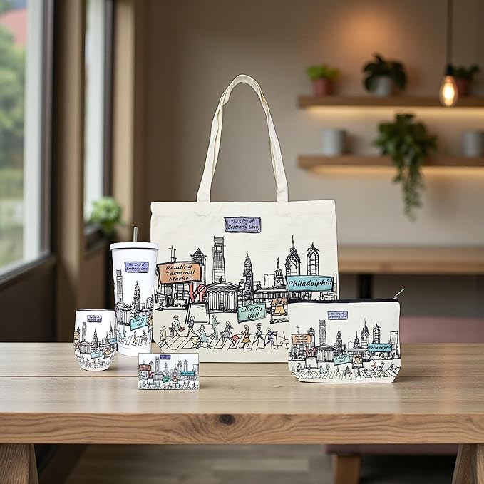 Cities Around the World Artwork Cosmetic Bag Series – Designed in USA, Travel Makeup Bag with Zipper, Souvenir Gift for Women, Artwork Organizer for Purse or Toiletry (Philadelphia)