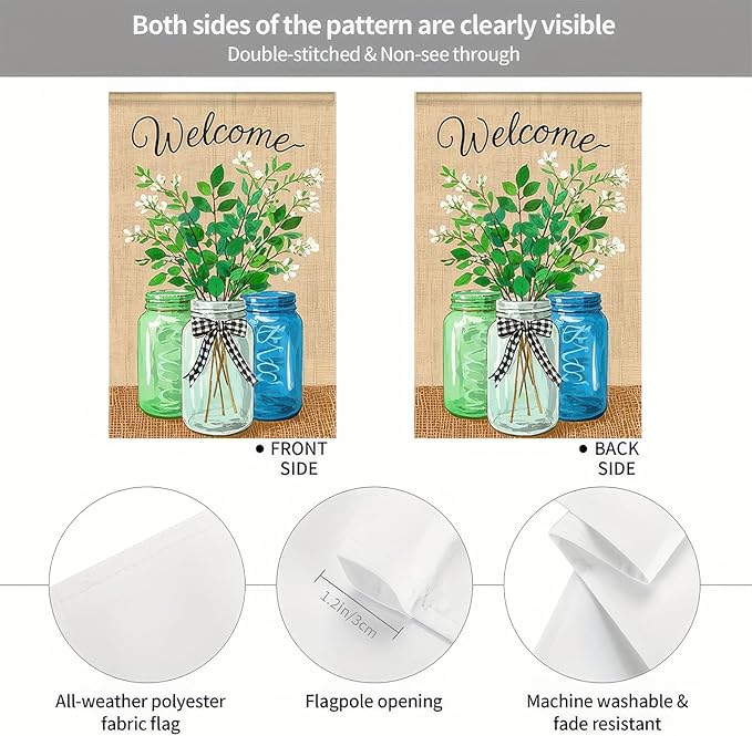 BlissYard Welcome Spring Garden Flag 12x18 Double Sided Mason Jars Floral Seasonal Small Flags For Outside Outdoor Decor Yard Farmhouse Holiday Spring Summer Decorations Yard Flags