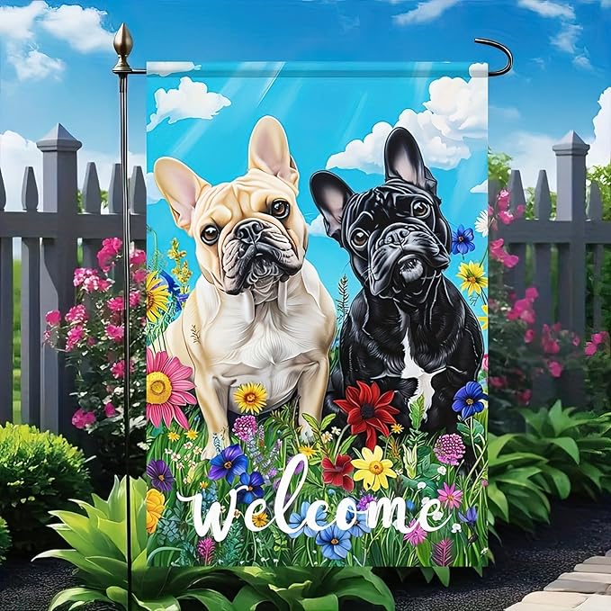 HOMETITUTE Welcome Spring Garden Flag Bulldog Garden Flag For Outside Spring Summer Flag Double Sided 12x18 Inch Outdoor Decor Dog Yard Flag Summer House Yard Patio Porch Decoration