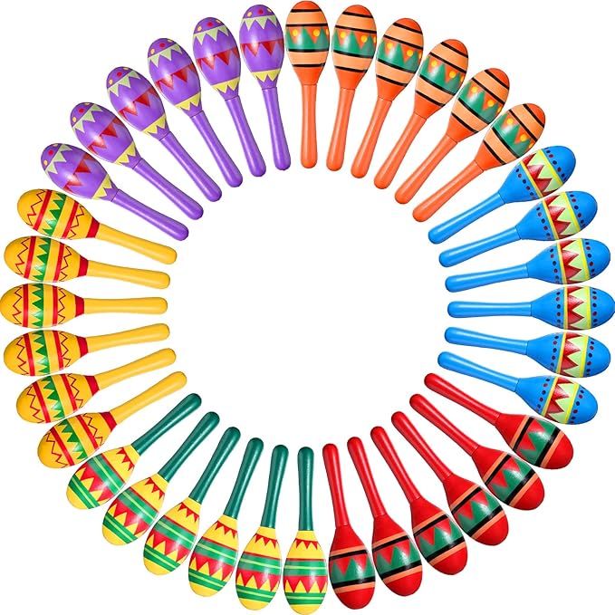 Hungdao 36 Pcs Mini Mexican Fiesta Wooden Maracas Bulk 6 Designs Wooden Maracas Noisemaker for Fiesta Party Favors Cinco De Mayo Party Supplies Decor Taco Tuesday Event Luau Game (Classic Style)