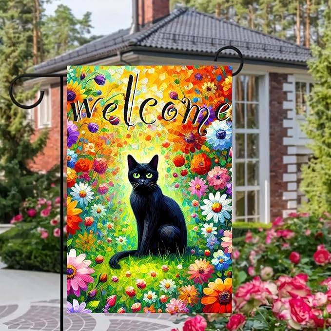 BlissYard Welcome Spring Cat Garden Flag Double Sided 12x18 Inch Black Cats Garden Flags Funny Floral Tulip Cat Flag Vertical Farmhouse Welcome Spring Seasonal Outdoor Porch Decor