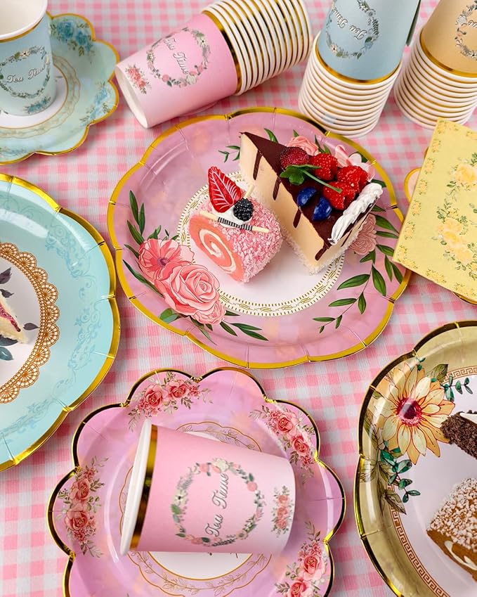240 Pcs 48 SetsTea Party Supplies Floral Paper Tea Cups and Saucers, Disposable Teacup with Handle, 9'' ＆ 7'' Paper Plate Napkin, for Birthday, Baby Shower, Wedding Decorations
