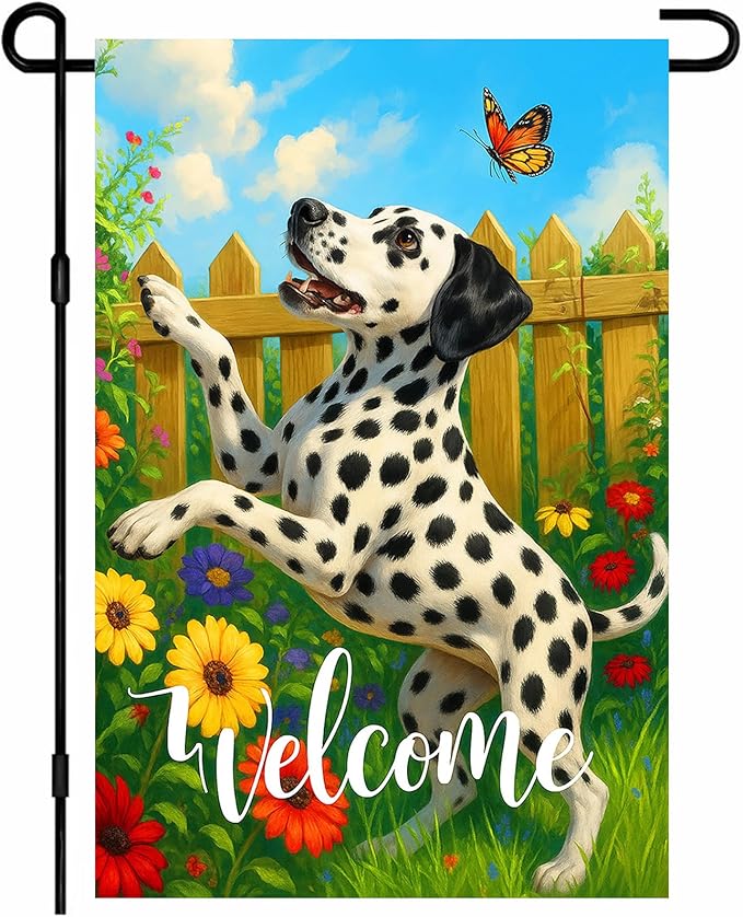 IVN Spring Summer Welcome Garden Flag 12x18 Inch Double Sided Dalmatian with Butterfly and Flowers Outdoor Yard Flag for Outside Home Front Door Lawn Porch Patio Welcome Decor
