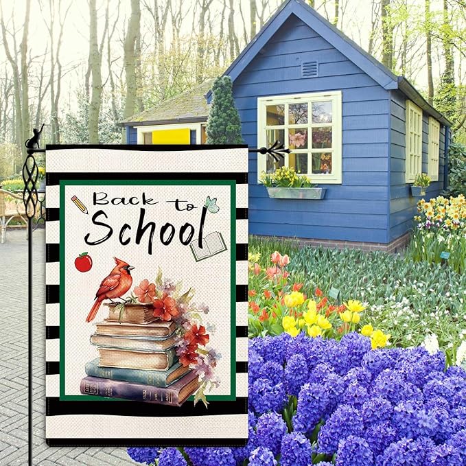 Jauageon Back to School Garden Flag Cardinal Books Garden Flag First Day of School Vertical Double Sided Rustic Farmland Burlap Yard Lawn Outdoor Decor 12.5x18"