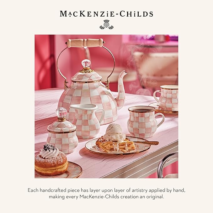 MACKENZIE-CHILDS Enamel Mug, Cute Enamelware Coffee and Tea Mug, Unique Drinkware, 16 Ounces, Pink-and-White Rosy Check, Set of 1