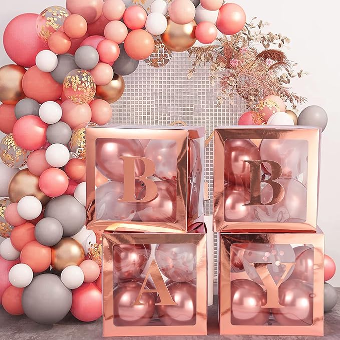Baby Boxes with Letters for Baby Shower, Gender Reveal Decorations with 4 Transparent Balloon Boxes for Gender Reveal Baby Shower Decorations(Rose Gold)