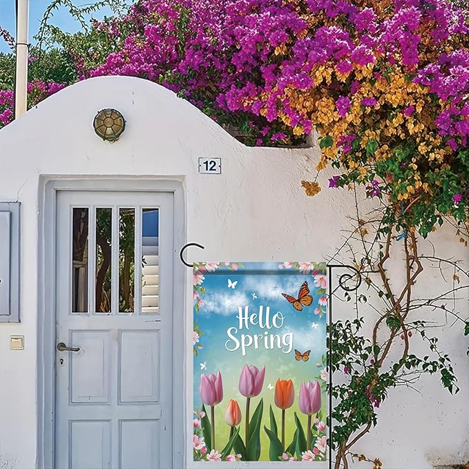 Starlit Patio Welcome Spring Garden Flag 12x18 Double Sided Small Butterflies Tulip Floral Flower Garden Flag House Outside Spring Summer Decoration Seasonal Flower Yard Outdoor Flag