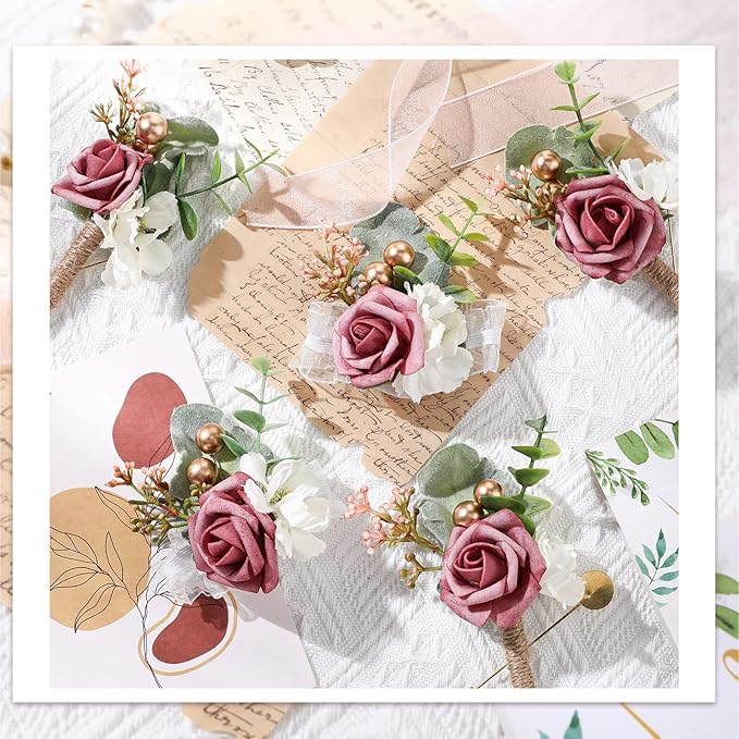 Tigeen 24 Pcs Dusty Rose Wrist Corsage Boutonniere Set, Handmade Bridal Bridesmaid Wrist Flower Boutonniere Set for Wedding Party Prom Suit Decoration