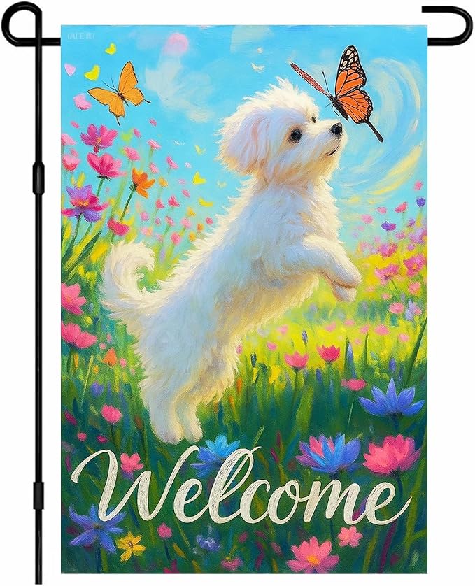 IVN Welcome Puppy Garden Flag 12x18 Inch Double Sided Dog Butterfly Flower Outdoor Yard Flag for Home Front Door Lawn Porch Summer Decor