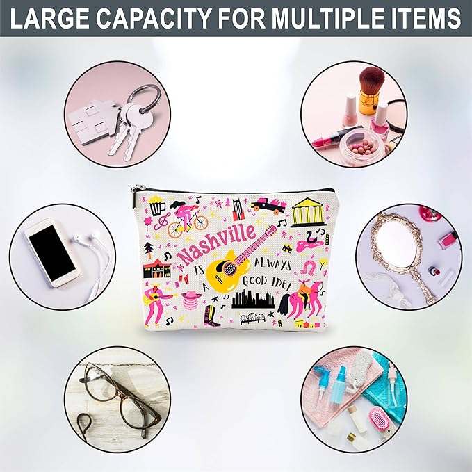 Nashville Souvenirs Cosmetic Bags For Women，Nashville Is Always a Good Idea, Makeup Organizer Bag, Toiletry Pouch, Small Travel Storage Bag, Nashville Themed Gifts, Women Essentials - D04