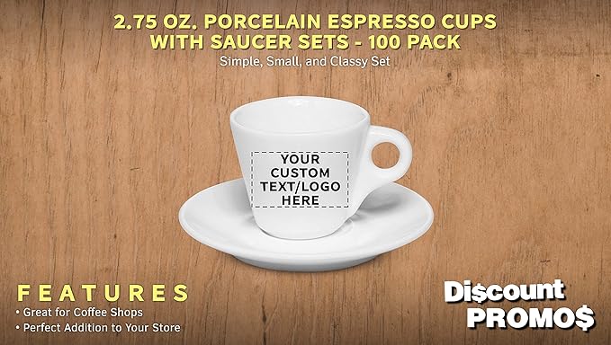 Custom Espresso Cups with Saucer 2.75 oz. Set of 100, Personalized Bulk Pack - Perfect for Espresso, Tea, Other Beverages - White
