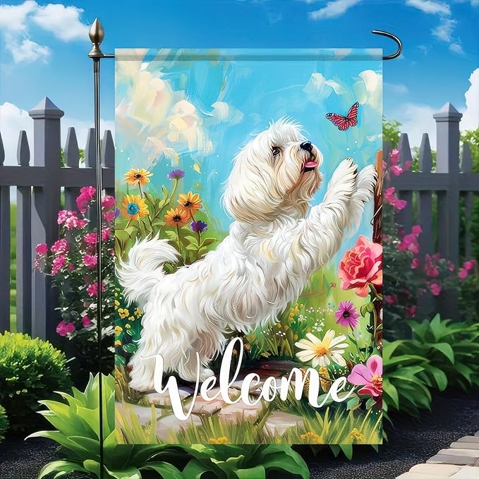 BlissYard Welcome Spring Summer Garden Flag Maltese Dog Flag 12x18 Double Sided Flowers Floral Seasonal Home Decor Banner Farmhouse Outdoor Yard Decoration Flag
