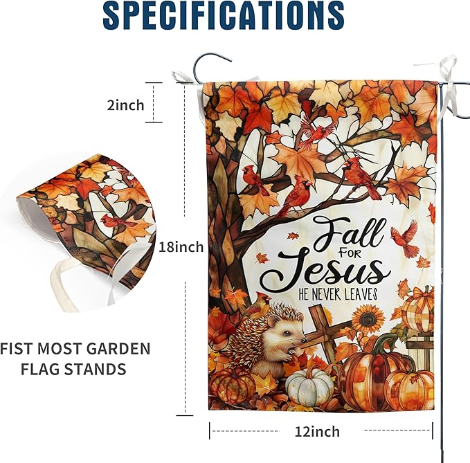 Fall for Jesus Garden Flag He Never Leaves Autumn Pumpkin Banner Stained Glass Cardinal Yard Signs Outside Halloween Thanksgiving Religious Outdoor Decor 12x18 Double Sided Small