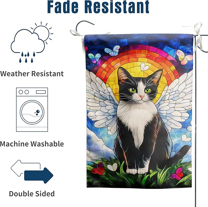 Stained Glass Tuxedo Cat Garden Flag 12x18 Double Sided - Rainbow Bridge Memorial Gift for Loss of Pet - Bereavement Sympathy Gift for Cat Lovers - Seasonal Small Flags for Outside