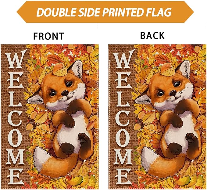 ZAEW Fall Welcome Cute Little Fox Maple Leaves Autumn Garden Flag Yard Flag 12x18 Inch Double Sided Small Mini Yard Outdoor Outside Farmhouse Holiday Decoration