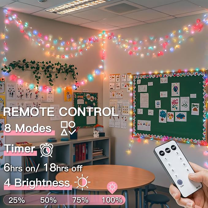suddus String Lights Indoor Bedroom Connectable, 33ft 100 Led Multicolor Christmas Light Outdoor Clear Wire, Plug in Fairy Lights with Remote for Classroom Dorm Decorations