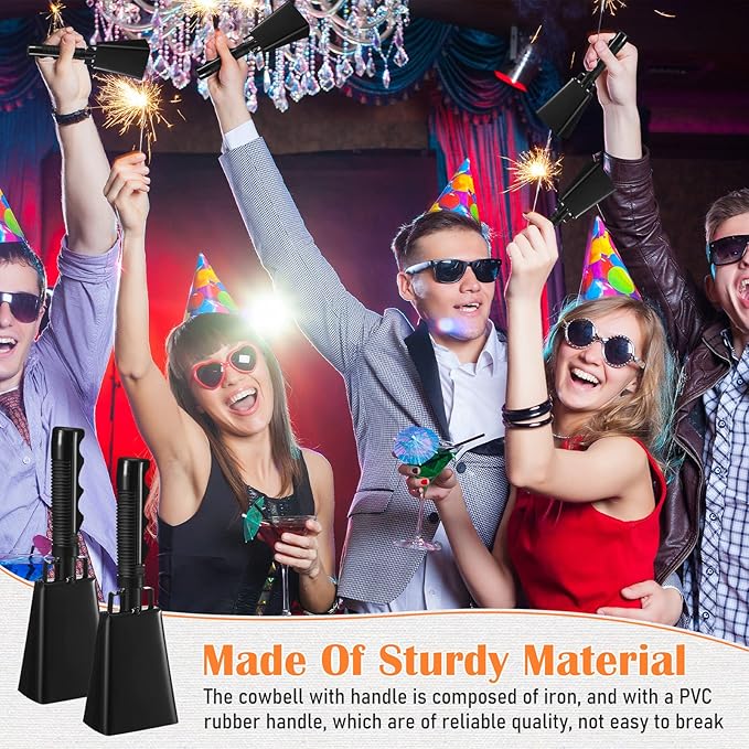 Pelopy 12 Pcs Large Cow Bell 9 '' Cowbell with Handle Cowbells for Sporting Events Hand Percussion Cheering Bell Chimes for Football Game, Alarm Loud Noise Makers, Musical Instrument(Black)