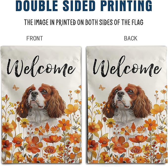 Cavalier King Charles Spaniel Fall Garden Flag Autumn Dog Yard Sign Orange Floral Thanksgiving Outdoor Banners for Outside 12x18 Double Sided Small