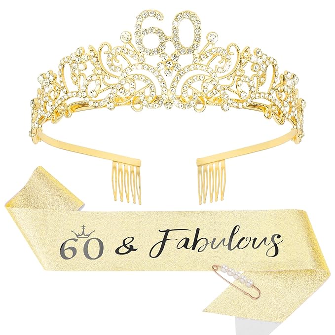 CIEHER 60th Birthday Decorations for Women - 60th Birthday Crown + 60 & Fabulous Birthday Sash + Pearl Pin Set, Gold 60th Birthday Tiara, 60th Birthday Gifts Women Friends
