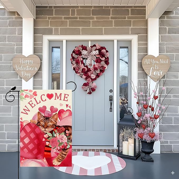 ZAEW Welcome Valentine’s Day Garden Flag Romantic Red Big Roses Love Heart Cat Yard Flag 12x18 Inch Double Sided Small Mini Yard Outdoor Outside Holiday Decoration
