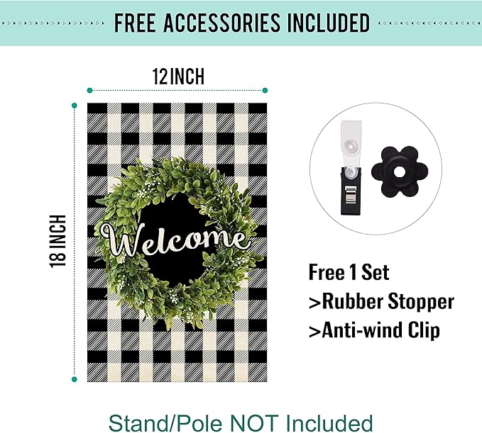 Baccessor Boxwood Wreath Welcome Garden Flag Double Sided, Buffalo Plaid Check Winter Spring Yard Flag Burlap, Small Farmhouse Rustic Flags for Outdoor Outside Decor 12.5 X 18 Inch