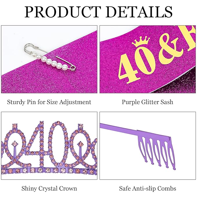 Casoty 40th Birthday Sash and Tiara, 40th Birthday Decorations for Women, 40 & Fabulous Sash and Crown Set, Party Supplies Favors for Women, Gifts for Her