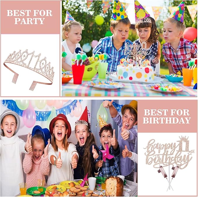 11th Birthday Decorations for Girl with Sash and Tiara, Numeral Candle and Cake Topper, 11 Year Old Birthday Decorations Gifts, Rose Gold Party Favor Supplies