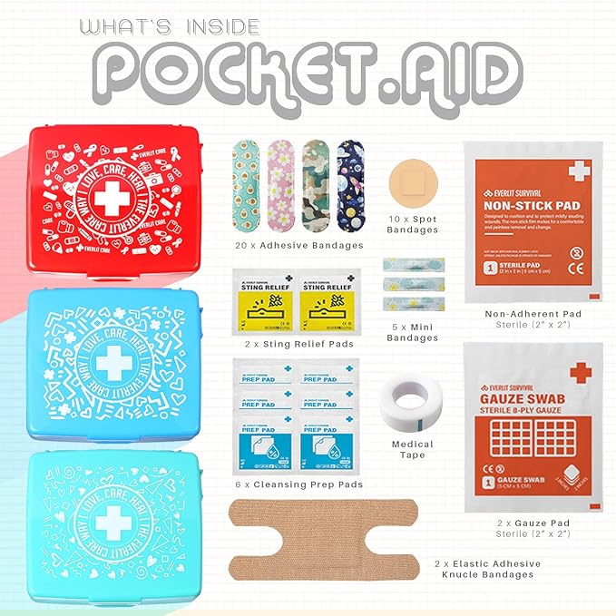 EVERLIT Pocket-Aid Mini First Aid Kit | Compact, Portable Hard-Shell Cases of 50 Items | Cuts, Scrapes, Wound Care Essentials for Travel, Outdoor, School, Camping, Home, Office (12 Packs | 600 Pcs)