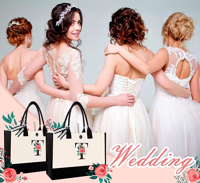 Initial Canvas Tote Bag, Personalized Birthday Gifts for Women Mom Friends Teachers, Monogrammed Tote Bags Suitable for Mother's Day Wedding Beach (Letter T)
