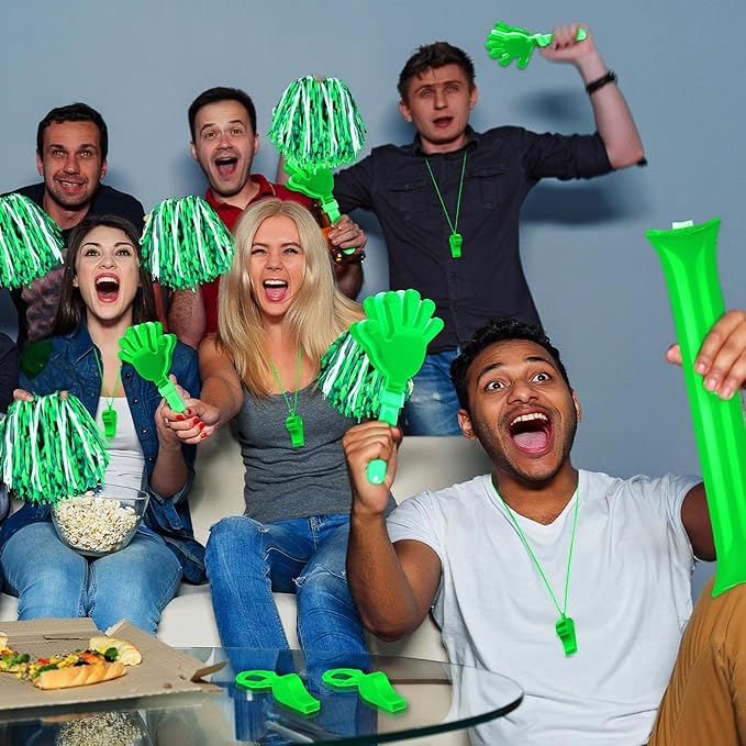Yunsailing 96 Pcs Homecoming Noisemakers Team Spirit Accessories for Game Day Include Hand Clappers Cheerleading Pom Pom Thunder Stick Cheer Party Blower Plastic Whistle for Sport Fans(White Green)