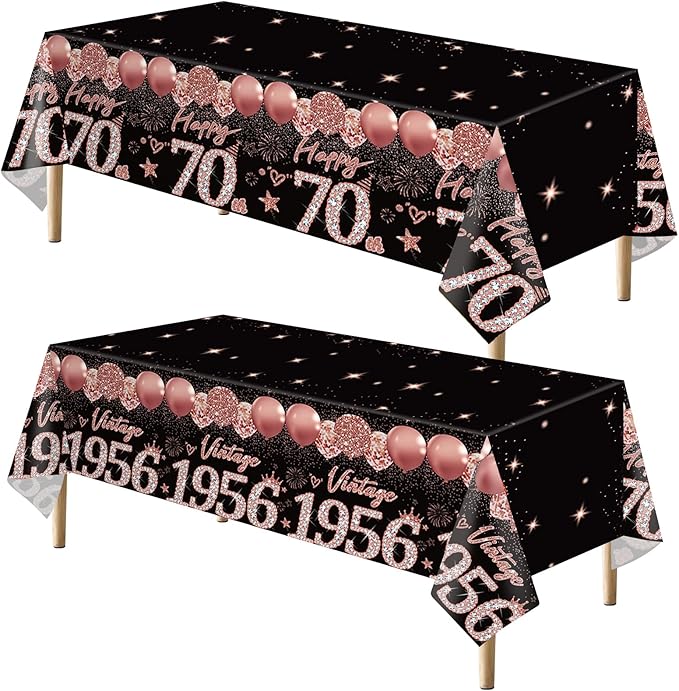 2pcs 70th Birthday Tablecloth, Black Rose Gold 70th Birthday Decorations for Woman Vintage 1956 Table Cloth Plastic Rectangular Table Cover Happy 70 Anniversary Party Supplies