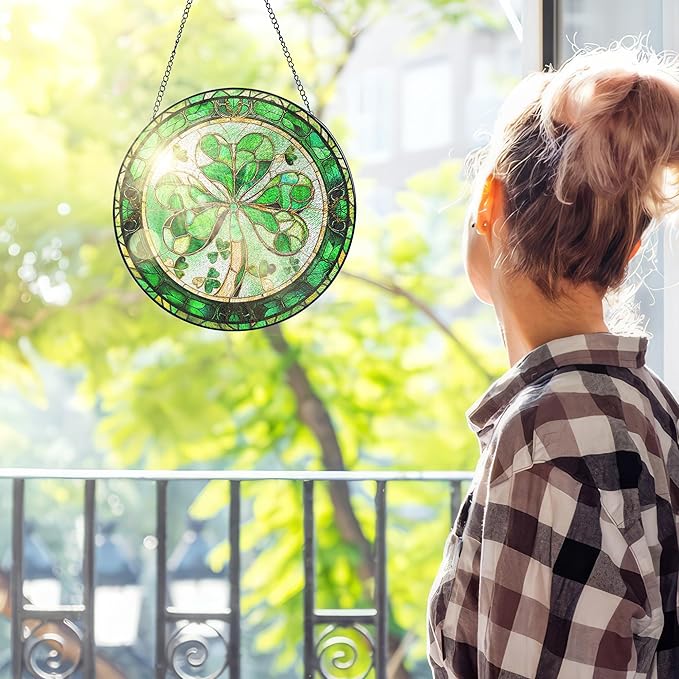 FLAGWIX Irish Gifts for Women Men - 100% Stained Glass Hanging Suncatcher 8 in - Birthday Irish Decorations for Family Friends, Shamrock Home Decor, St Patricks Day Decorations